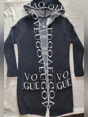 NWT Kar-Ma Italy Black White Logo Knit Longline Hooded Cardigan O/S MSRP $119